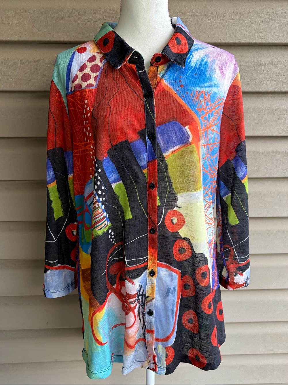 •Shana• Colorful Abstract Art Print Button Front Tunic Blouse - Size Medium